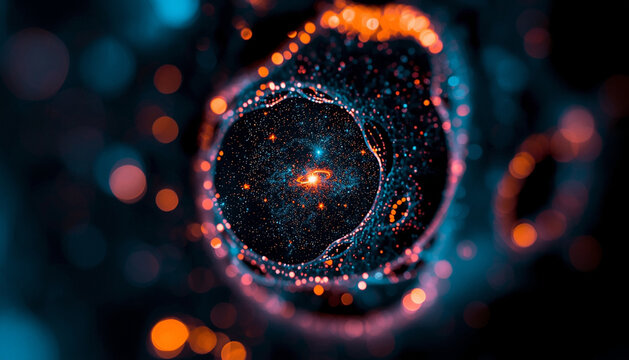 Abstract futuristic particle vortex resembling galaxy core, glowing neon data swirl background