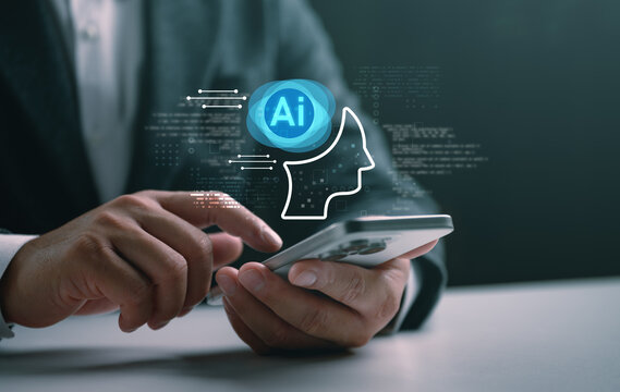 Business person using smartphone with artificial intelligence interface, digital brain icon, data analytics overlay, concept of AI technology, automation, mobile innovation and smart communication
