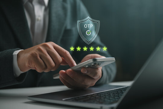 Businessman using smartphone for OTP verification with shield icon and password stars. Concept of cybersecurity, two-factor authentication, digital banking safety, and secure online transaction.