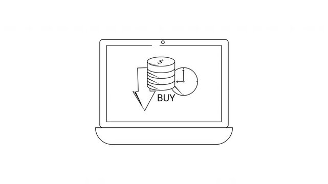 Laptop screen displays coins and buy button with down arrow.