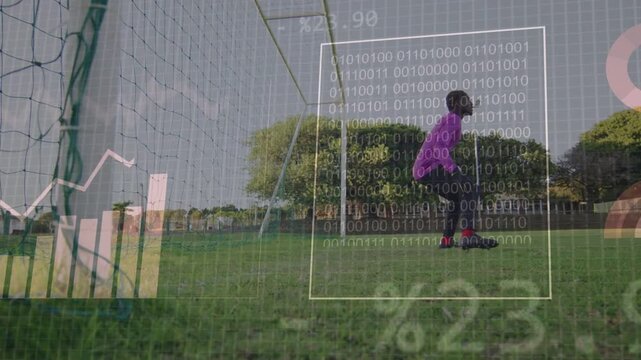 Teen GK spotting incoming shot stepping jumping and trying to save with sports HUD overlaying pitch