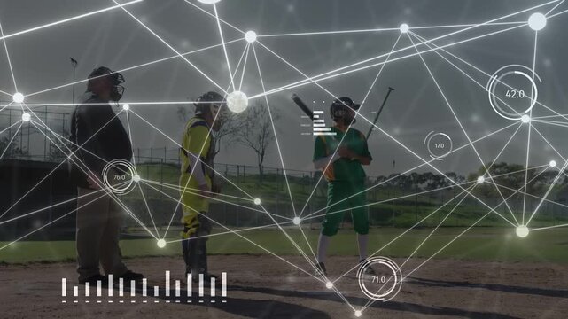 Batter swinging bat after pitch, catcher squatting and HUD capturing sports metrics around plate