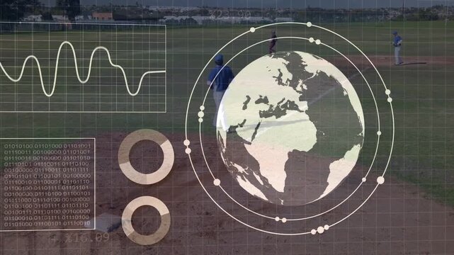 Runner sprinting to first as throw sparking globe HUD expanding over infield for sports analysis