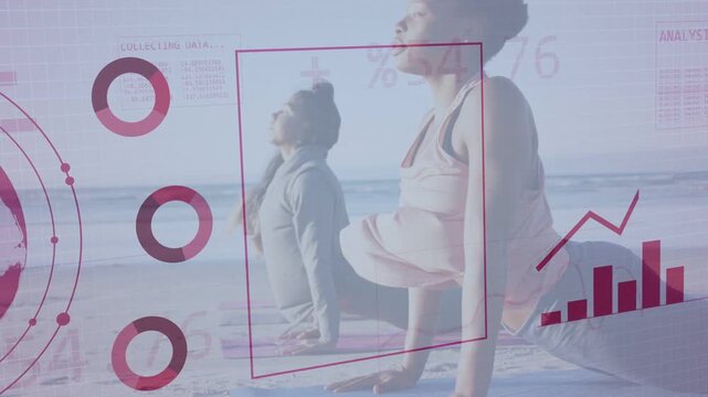Two women doing backbend on beach, magenta globe appearing and driving data overlay showing health