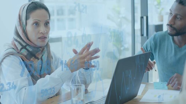 Woman starting meeting and gesturing, blue charts overlaying docs, team analyzing business data
