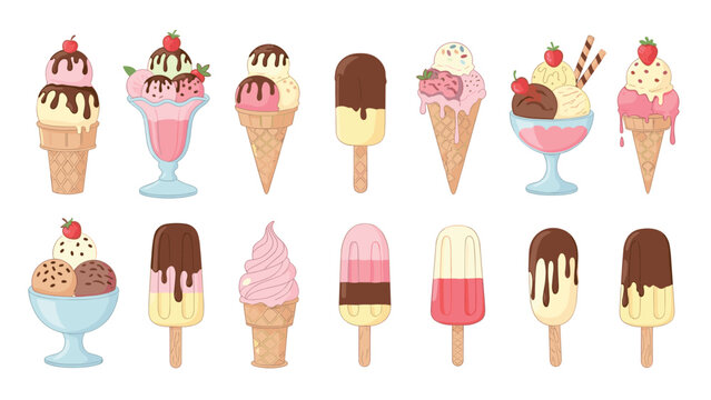 Collection of delicious ice cream varieties including sundaes, cones, popsicles, and sorbets decorated with toppings and fruits.