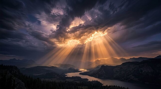 Dramatic landscape with sunlight shining through clouds above the river valley.