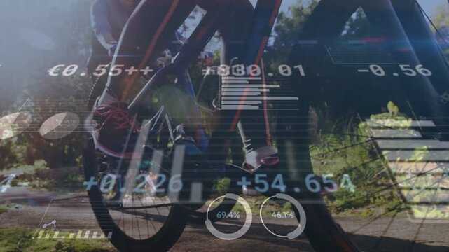Front female rider pressing pedal, pedaling on trail, HUD fitness charts updating tracking cadence