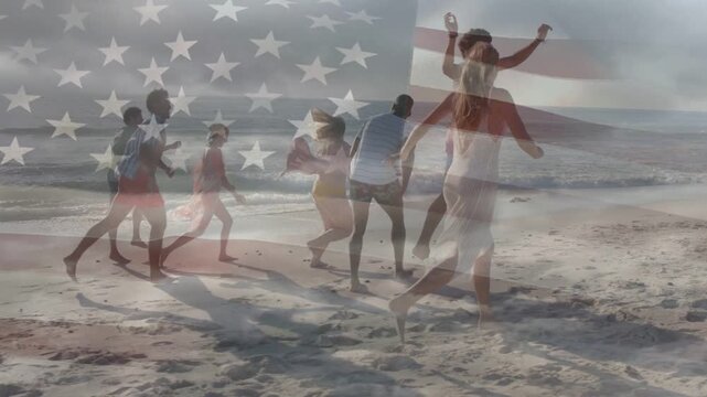 Friends initiating playful run along beach for business, animated American flag covering scene