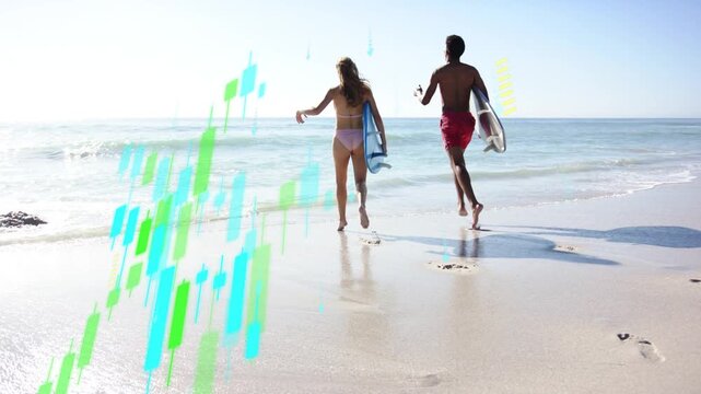 Couple running to ocean carrying boards after spotting waves, sports graphics tracking footprints