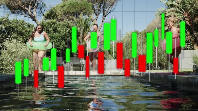 3 adults jumping into pool, man tossing ball for play, finance chart getting obscured by splash