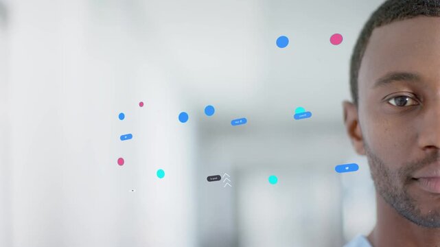 Dots and pill labels appearing at center, male doc opening eyes, smiling, viewing medical data