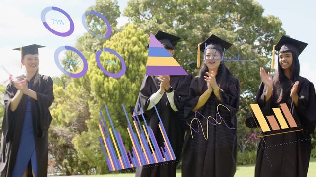 Grads celebrating education, one stepping forward raising diploma, animated charts overlaying grads