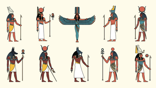 Collection of ancient Egyptian gods and goddesses including Anubis, Horus, Isis, and Ra presented in traditional art style.