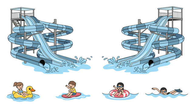 Exciting water park scenery featuring two large twisting blue slides and children playing happily in the pool below.