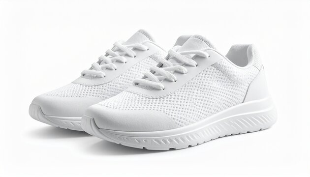 White sneakers side view, realistic texture, isolated on pure white background, product photography style