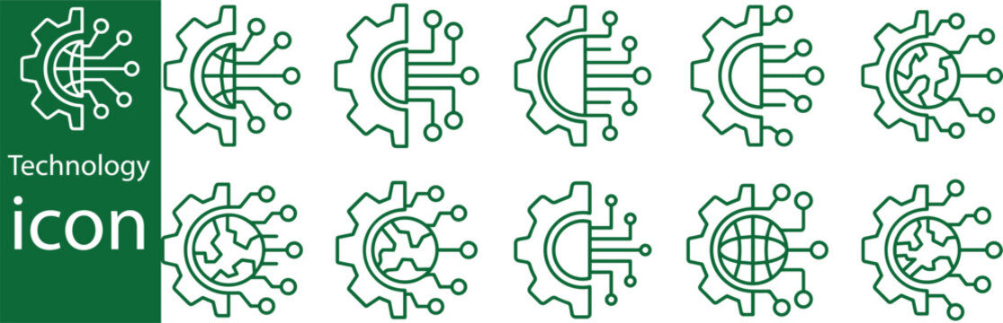 Technology Icons Set. AI, Circuit, Digital Network, Data Processing, Innovation Line Vector Illustration.Artificial Intelligence