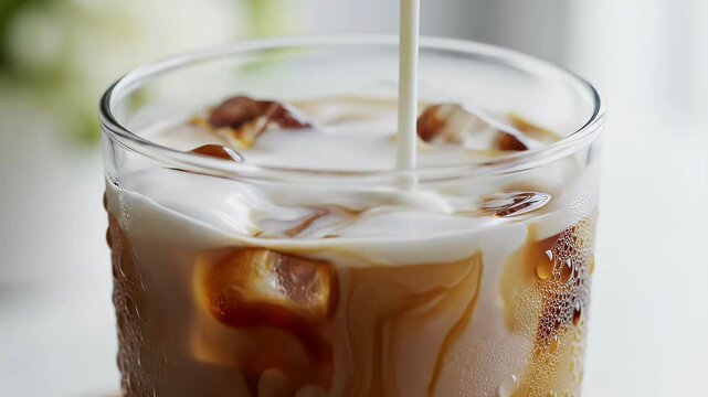 A close-up shot captures the moment milk is being poured into a glass of iced cola, creating a swirling, refreshing beverage.