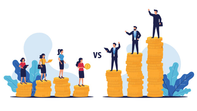 Conceptual illustration of the gender wage gap showing women and men standing on unequal stacks of gold coins for comparison.