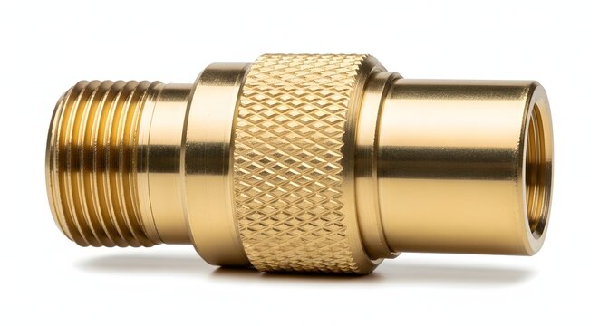 Brass metal plumbing connector with threaded ends and knurled grip.