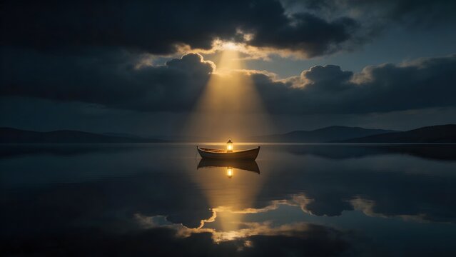 Boat with lantern on calm water at sunset