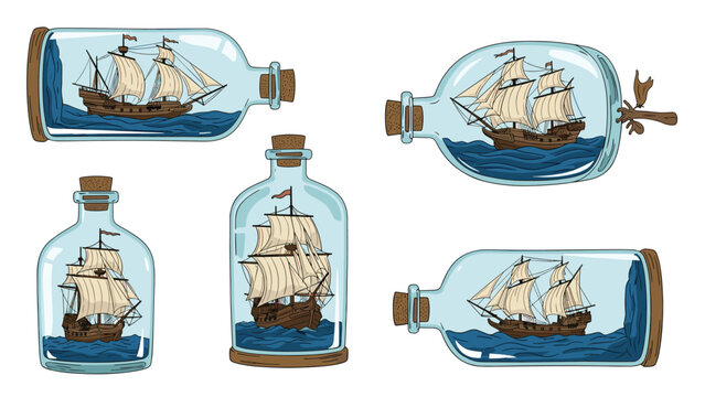 Detailed illustrations of several antique sailing ships meticulously placed inside glass bottles as decorative ornaments.