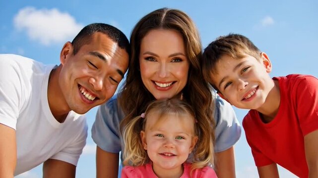 Happy family smiling together outdoors.