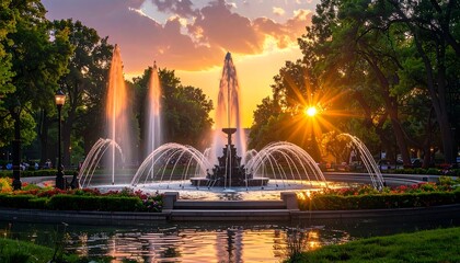 Fototapeta premium Ornate fountain sprays water, sunset backlights trees and sky