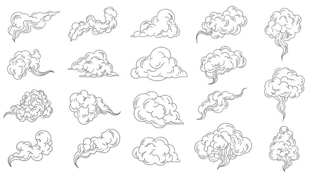 Collection of white fluffy clouds and smoke puffs in various shapes for weather apps and digital illustration elements for designers.