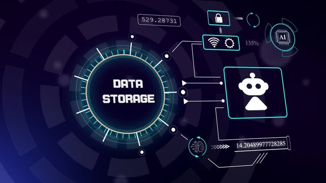 Secure data storage management interface with robotic icon for automated information archiving and cloud repository tracking, hud animation