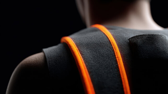 Rear view low angle photograph focusing on worker upper back wearing black vest with bright orange stripes in dark setting