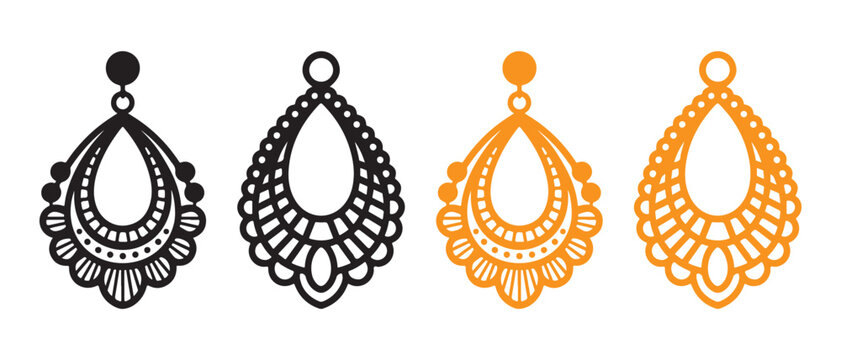 Decorative Teardrop Earrings with Ornate Patterns in Vector Outline.