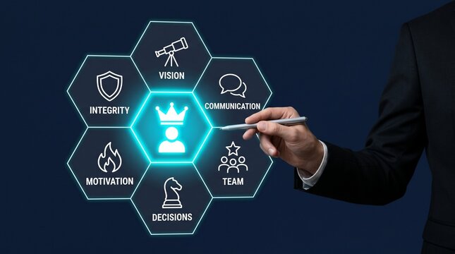 A suited person points to a glowing leadership concept graphic with icons representing integrity, vision, communication, team, decisions, motivation, and more on a dark background