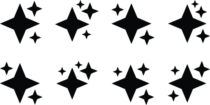 Ocho conjuntos de estrellas negras brillantes y centelleantes sobre un fondo blanco, iconos de brillo.