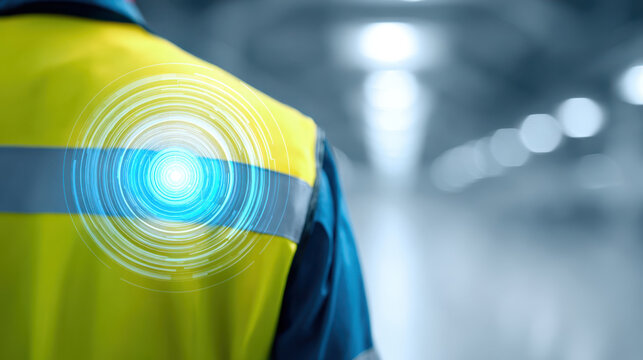 High visibility safety vest with reflective strip glowing blue light in blurred industrial background for protection and alertness