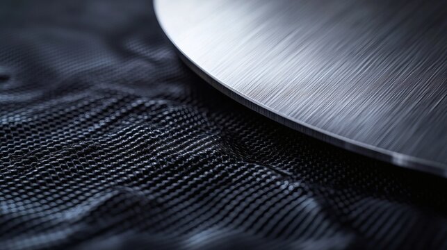 Macro close-up of brushed titanium metal plate on black technical mesh fabric, modern industrial technology and premium material background