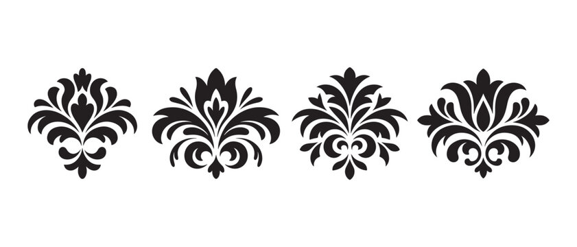 Black and white ornamental fleur-de-lis line art vector illustration set on white background.