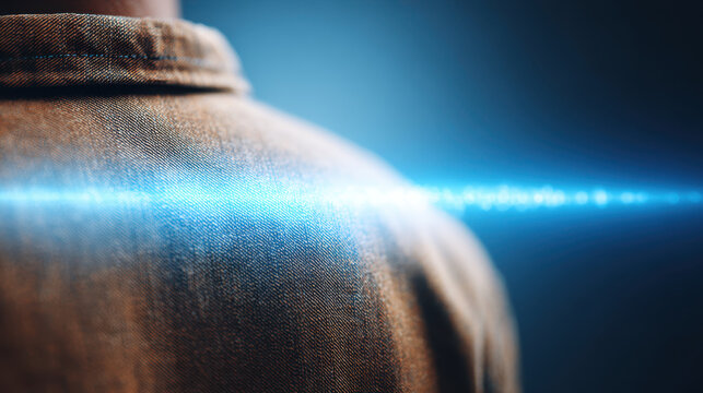 Close up fabric texture with blue light flare over shoulder, detailed textile pattern illuminated by glowing horizontal light beam