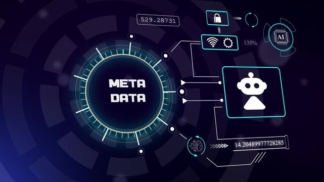 Sophisticated meta data analysis interface with robotic icon for automated information indexing and deep data insights, hud animation