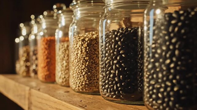 A rustic wooden shelf displays a row of glass jars filled with various grains and legumes &mdash; from black beans to wheat and red lentils. Warm light accentuates their textures and earthy tones, evoking a