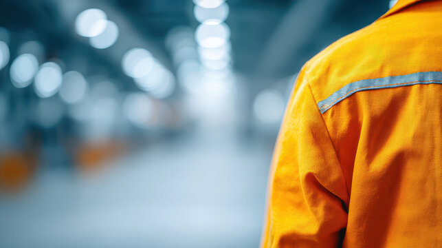 Worker wearing orange safety jacket with reflective stripe in blurred industrial background, conveying focus and professionalism