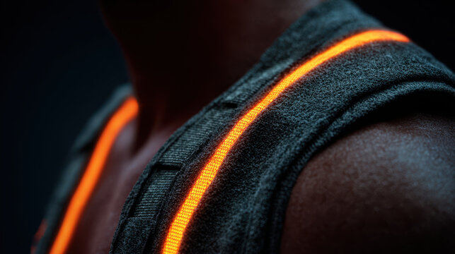 Close up of dark skin shoulder with reflective safety vest glowing orange light in low light environment, highlighting texture and fabric detail