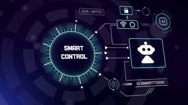 Advanced smart control interface with robotic assistant for automated device management and intelligent system oversight, hud animation