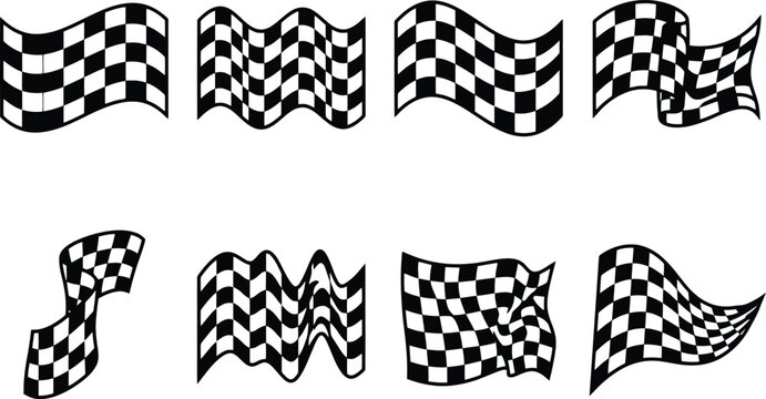 Acht schwarz-wei&szlig;e Zielflaggen in verschiedenen wellenf&ouml;rmigen Darstellungen f&uuml;r Rennsport und Wettbewerb.