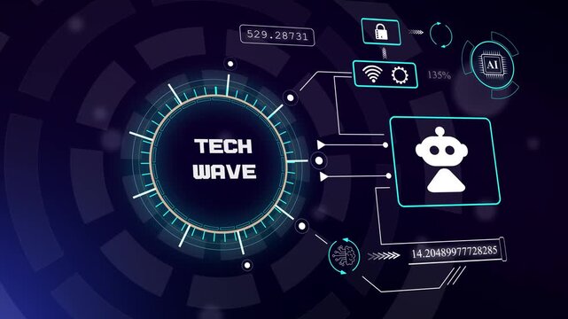Advanced digital screen with robotic intelligence and tech wave analytics for professional science and engineering videos, hud animation