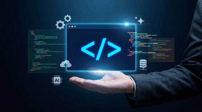 A person holds a glowing coding symbol in their hand surrounded by digital elements and code on a dark background