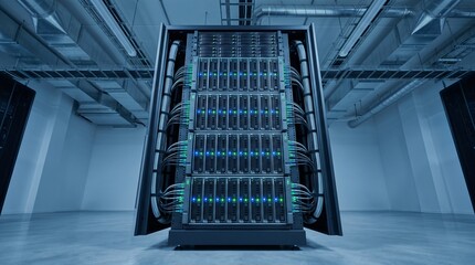 Fototapeta premium Modern server rack with high performance computing equipment in data center.