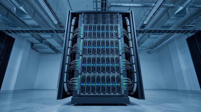 Modern server rack with high performance computing equipment in data center.