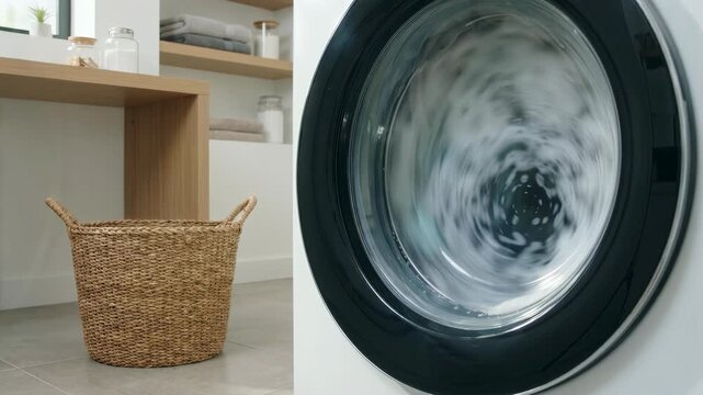 Laundry tumbling inside washing machine, bubbles visible through door window, 4K video