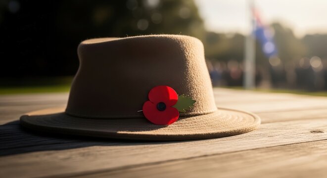 Hat with red poppy flower on wooden table at sunset, remembrance day symbol honor memorial and tribute concept